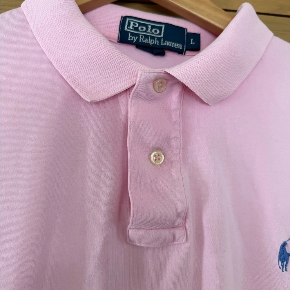 90's Era Ralph Lauren Baby Pink Polo Shirt for Men / Cotton / Light Blue Pony LG
